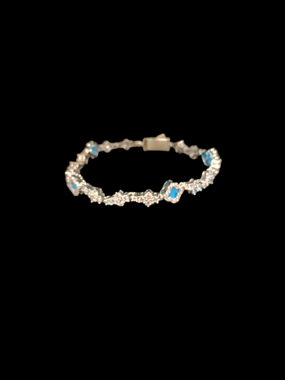 Iced Out Silver Tone Tennis Bracelet Blue Stone Clover Style Bling ✨ - Picture 5 of 5
